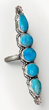 Long Kingman Turquoise Sterling Silver 5 Stone Cluster Ring Adj Sz Southwestern